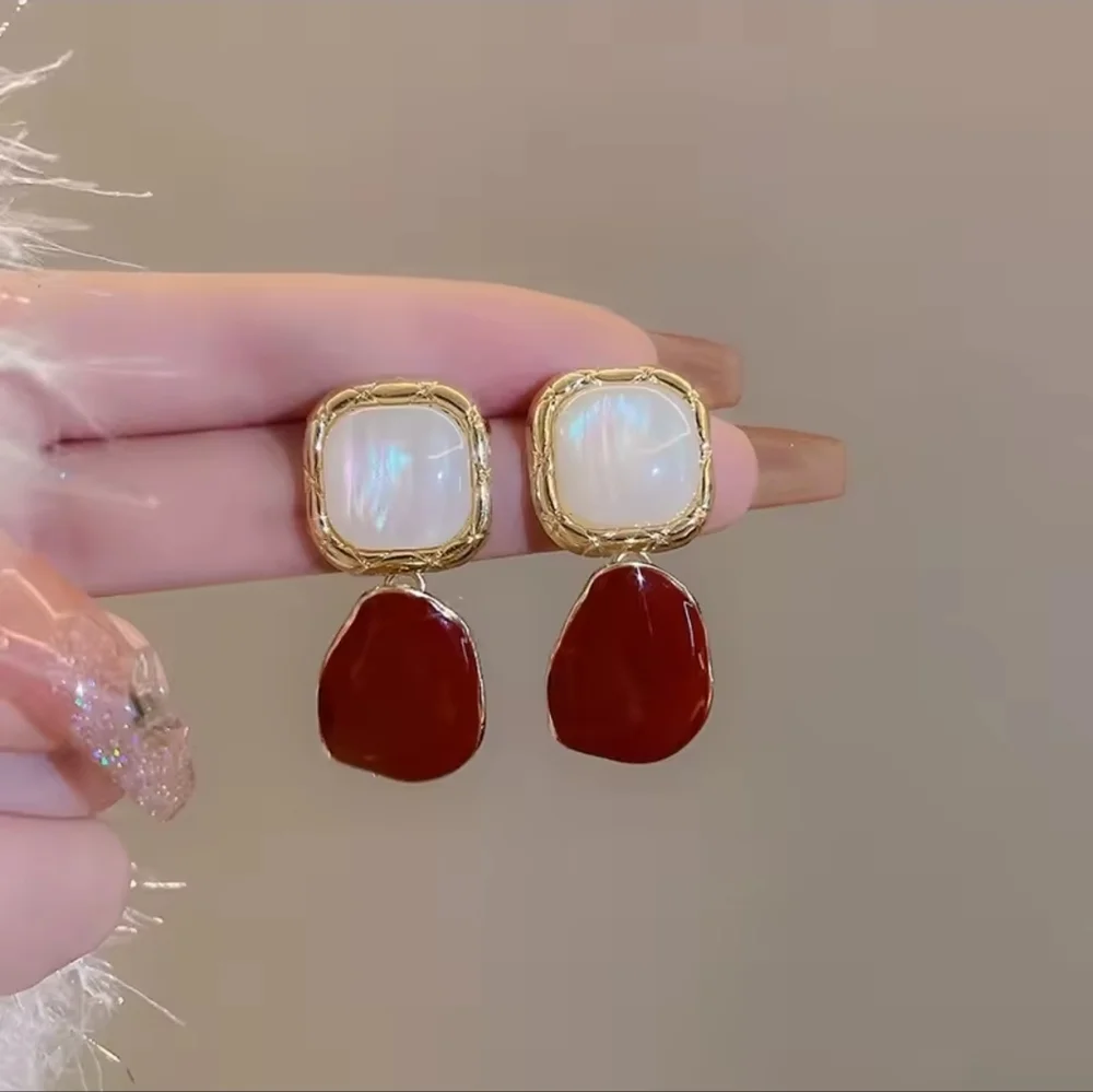 Gold and Red Drop Earrings